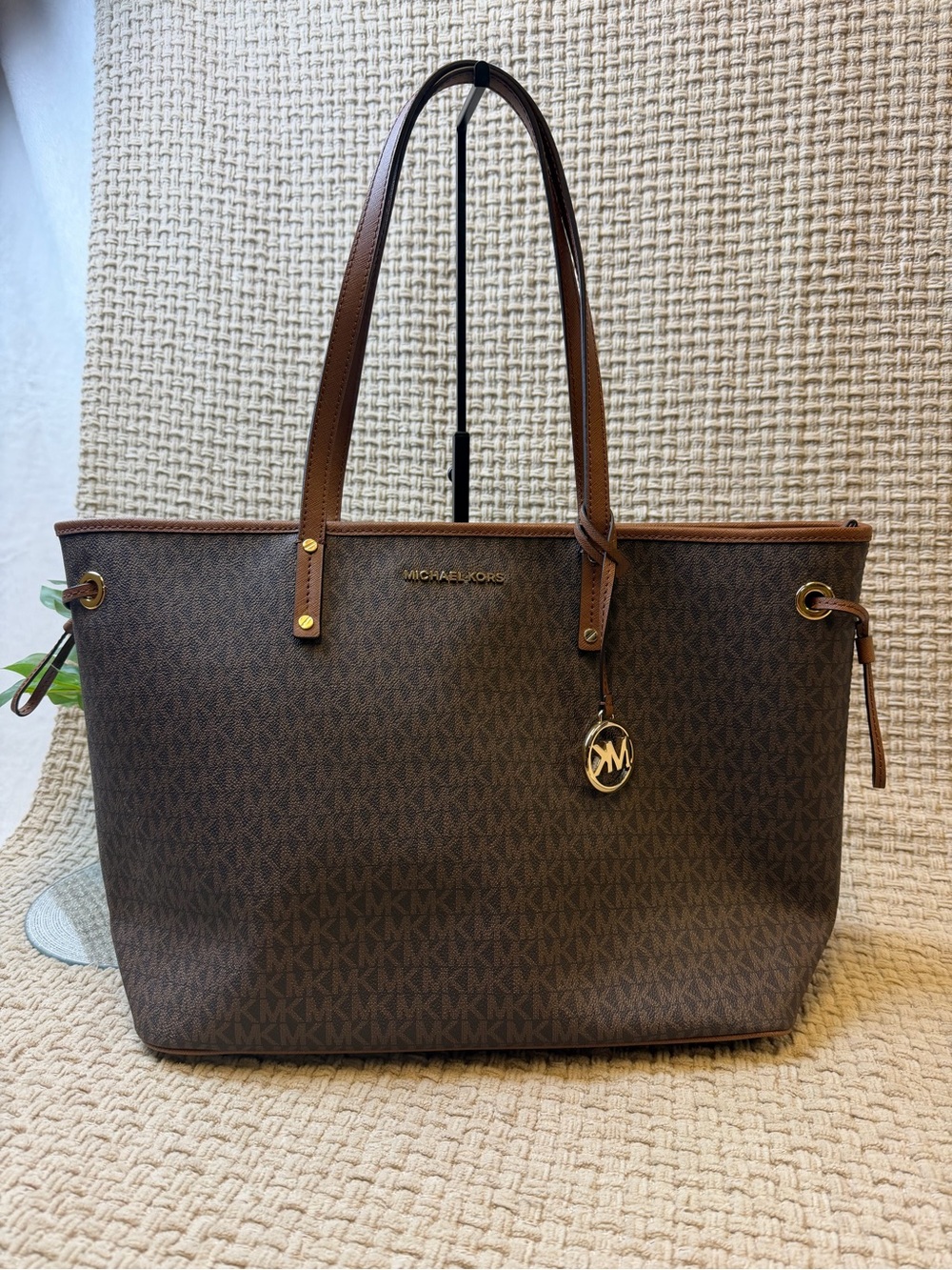 Michael Kors Brown MK Signature Logo Tote with Gold Charm